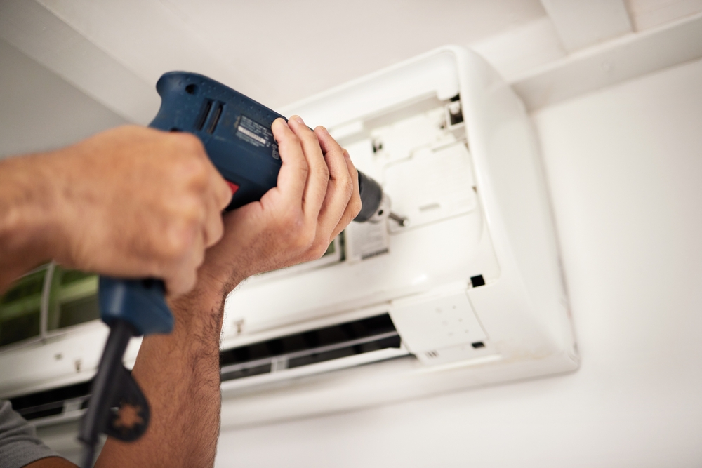 Maintenance,,Air,Conditioner,And,Hands,Of,Man,With,Drill,Working